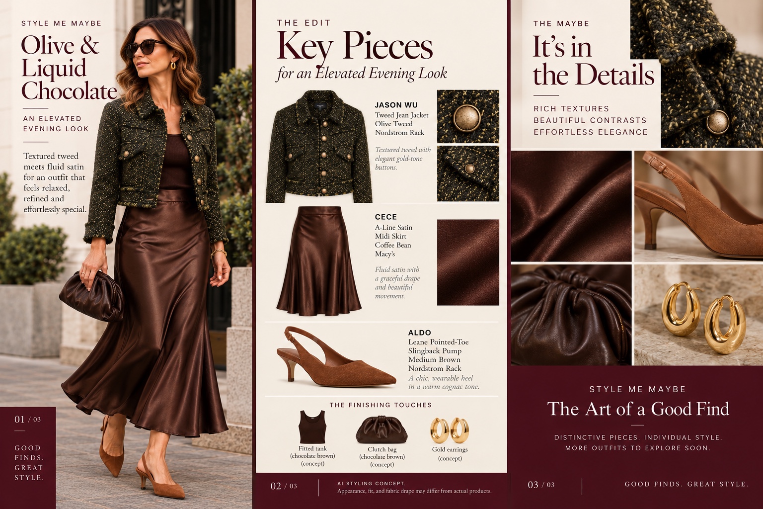 Coffee Bean satin skirt AI styling reference; actual garment may drape differently