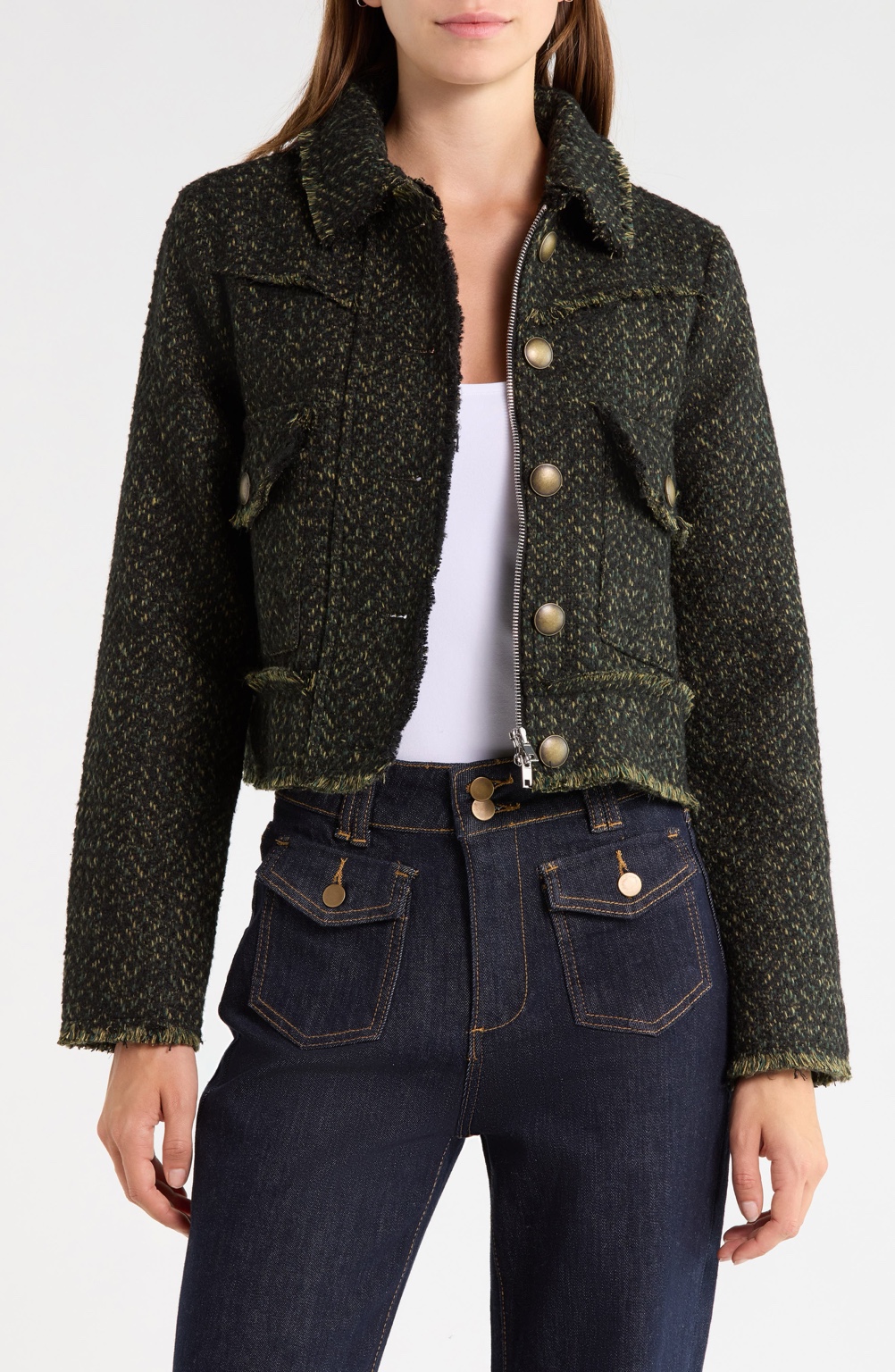 Actual Jason Wu olive tweed jacket with metallic buttons, flap pockets and front zipper, from user-provided retailer photo