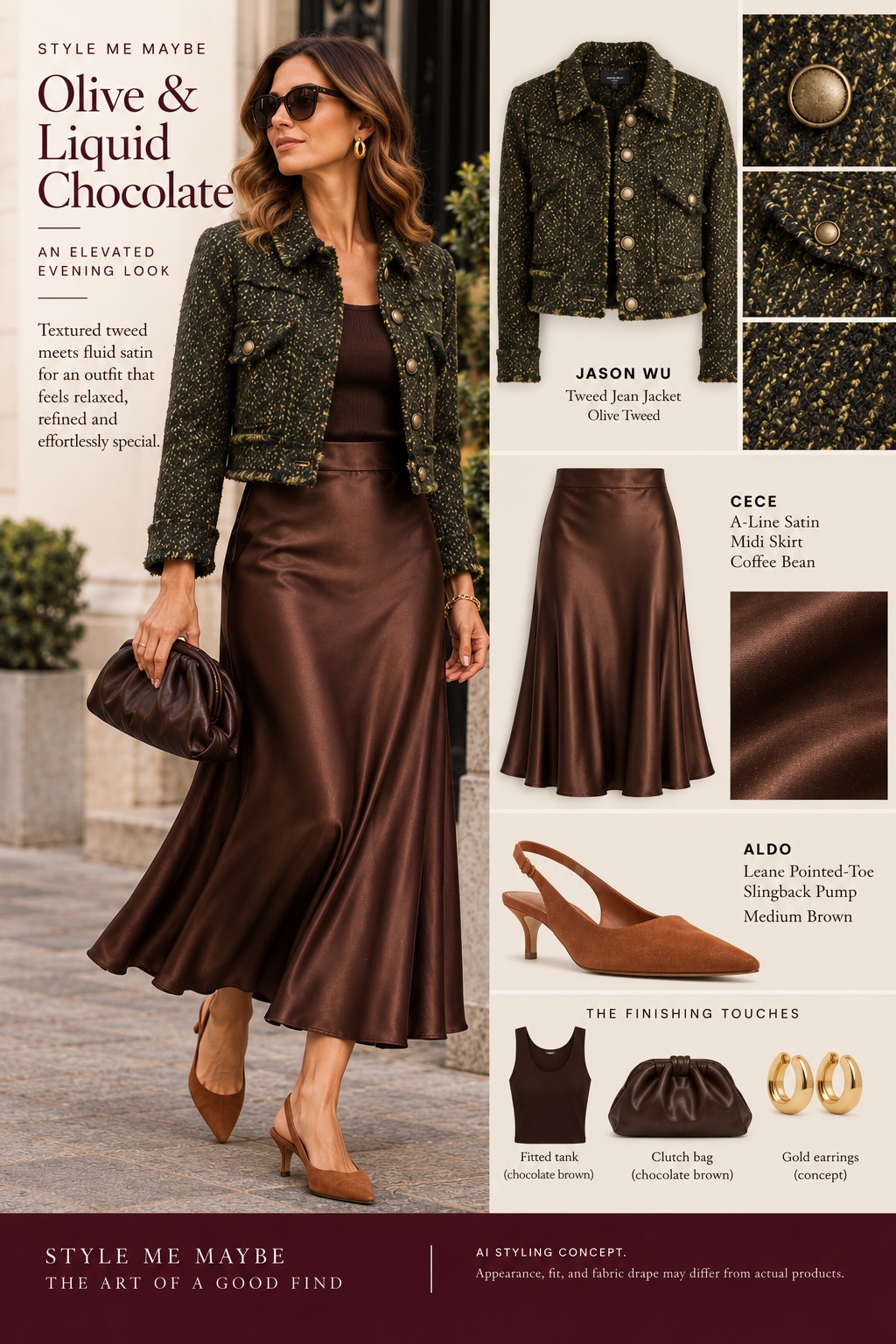 AI-assisted editorial outfit concept with olive tweed jacket, chocolate satin skirt and warm brown slingback heels